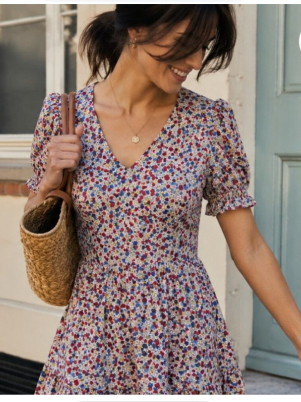 Boden Puff Sleeve Jersey Mini Dress Size 8 Riviera Blue Floret Cluster Floral